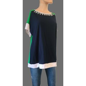 Ruby Rd. size Medium color block embellished beaded neckline short sleeve top